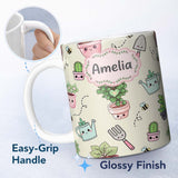 Personalized Custom Name Cute Kawaii Garden Tools Plants Bees Seamless Pattern Cream Lovely 11oz Ceramic Coffee Tea Mug White Large Handle