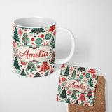 Personalized Custom Name Scandi Christmas Trees Ornaments Red Green Festive Seamless Pattern 11oz Ceramic Coffee Tea Mug White Large Handle