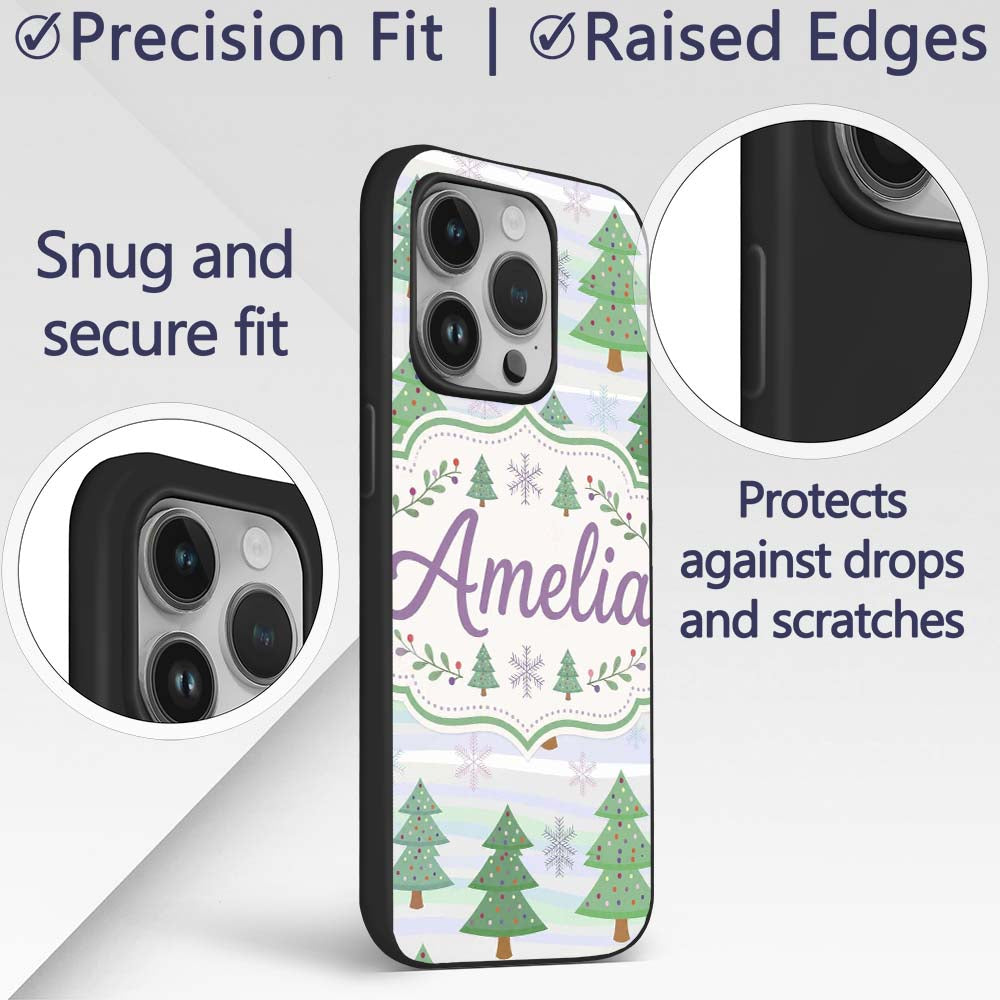 Pastel Christmas Trees with Snowflakes and Soft Custom Name Protective Phone Case Mobile Cover Durable Everyday Smartphone Shock Resistant