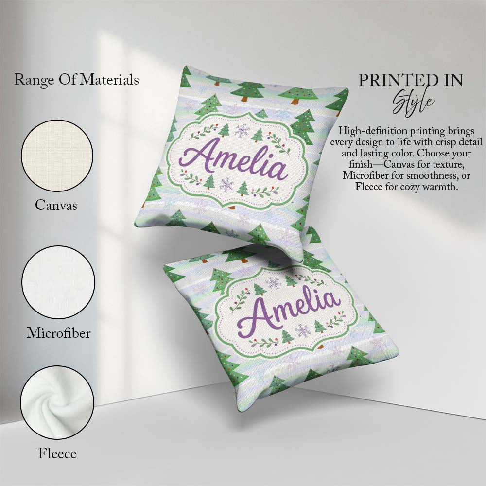Custom Name Pastel Christmas Trees with Snowflakes Soft Seamless Square Filled Cushion Throw Pillow Sofa Bed Home Decor Zip Washable UK Made