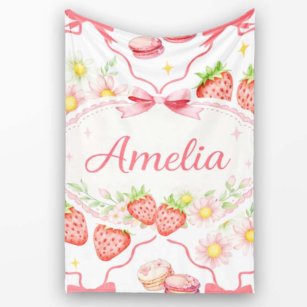 Strawberry Cherry Daisy White Red Outline Cute Coquette Floral  Personalised Custom Name Super Soft Fleece Blanket Bed Sofa Throw