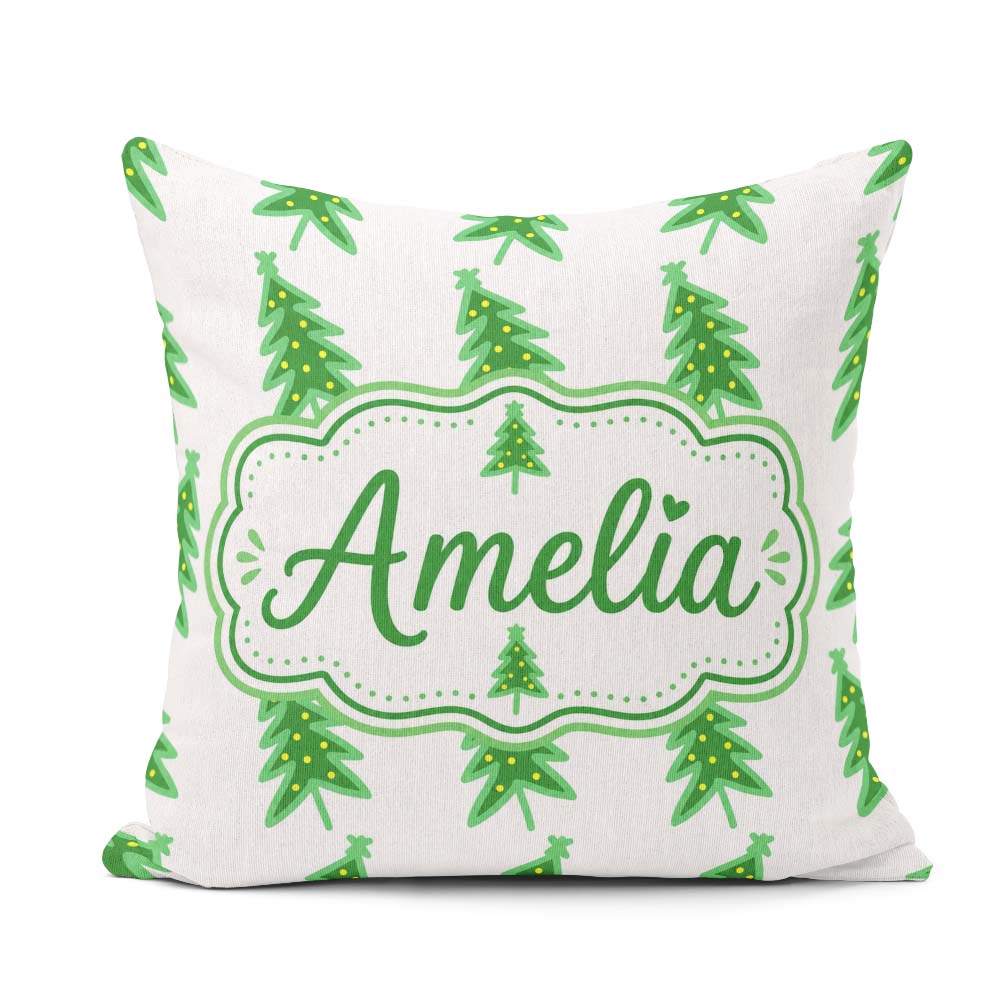 Custom Name Simple Green Christmas Trees Yellow Minimal Seamless Square Filled Cushion Throw Pillow Sofa Bed Home Decor Zip Washable UK Made