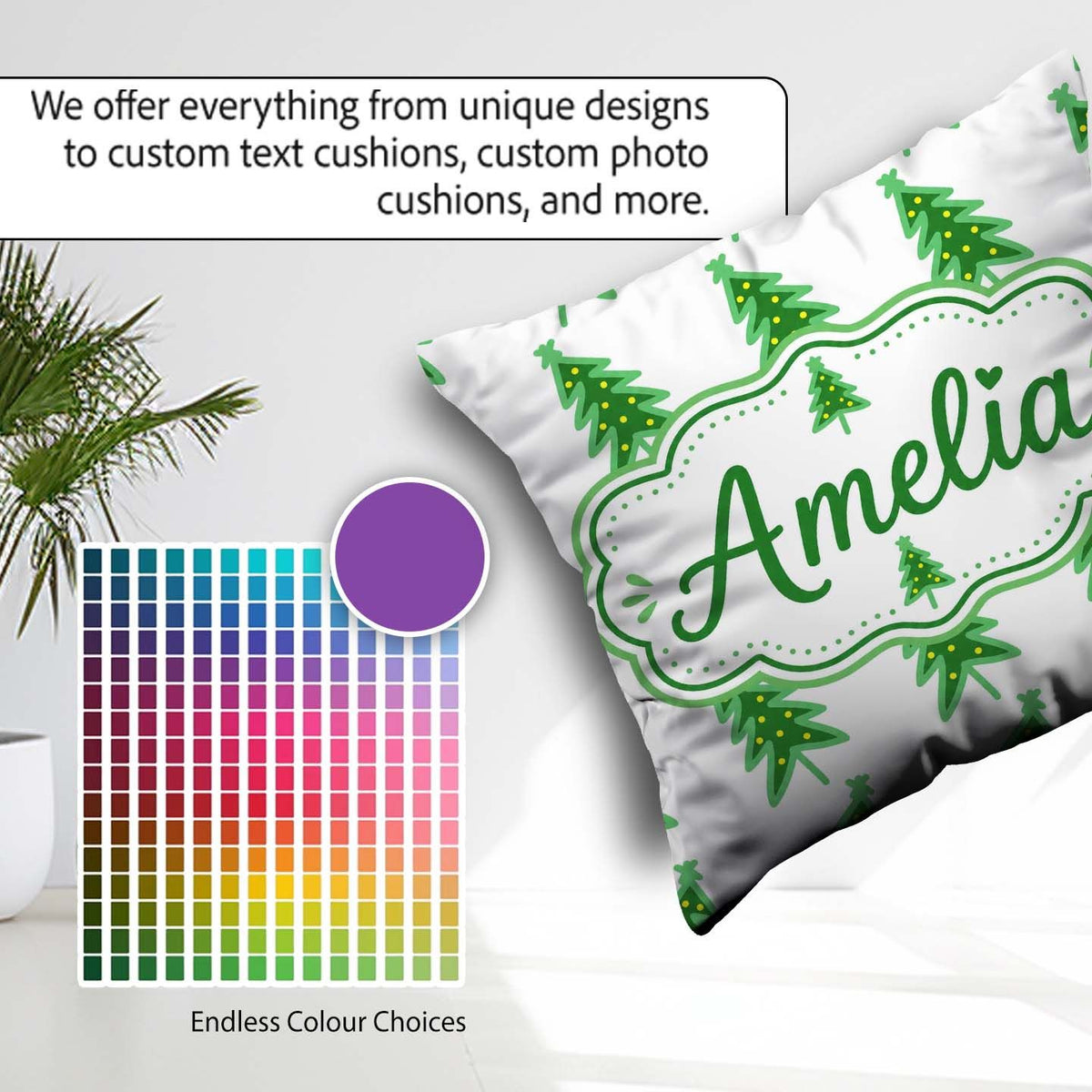 Custom Name Simple Green Christmas Trees Yellow Minimal Seamless Square Filled Cushion Throw Pillow Sofa Bed Home Decor Zip Washable UK Made