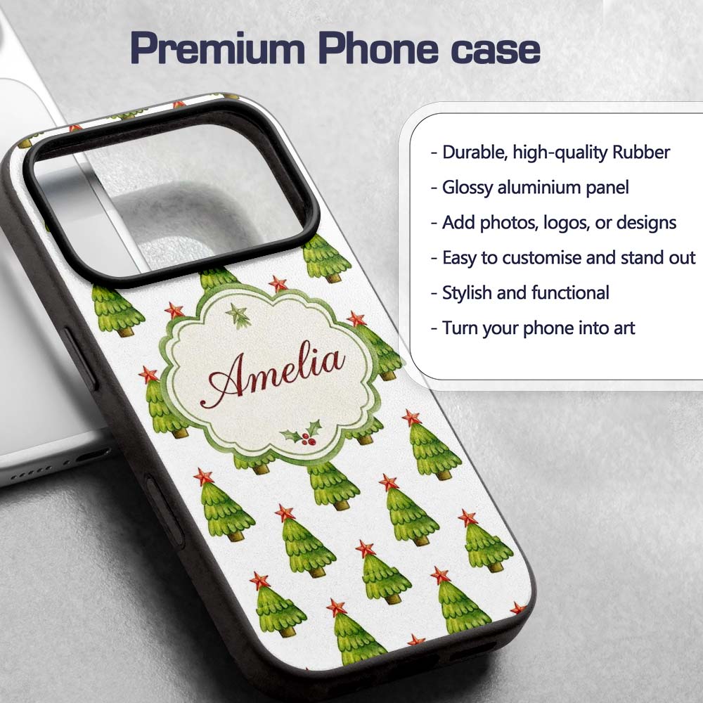 Watercolor Christmas Trees with Red Star Toppers Custom Name Protective Phone Case Mobile Cover Durable Everyday Smartphone Shock Resistant