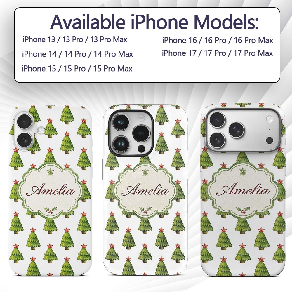 Watercolor Christmas Trees with Red Star Toppers Custom Name Protective Phone Case Mobile Cover Durable Everyday Smartphone Shock Resistant