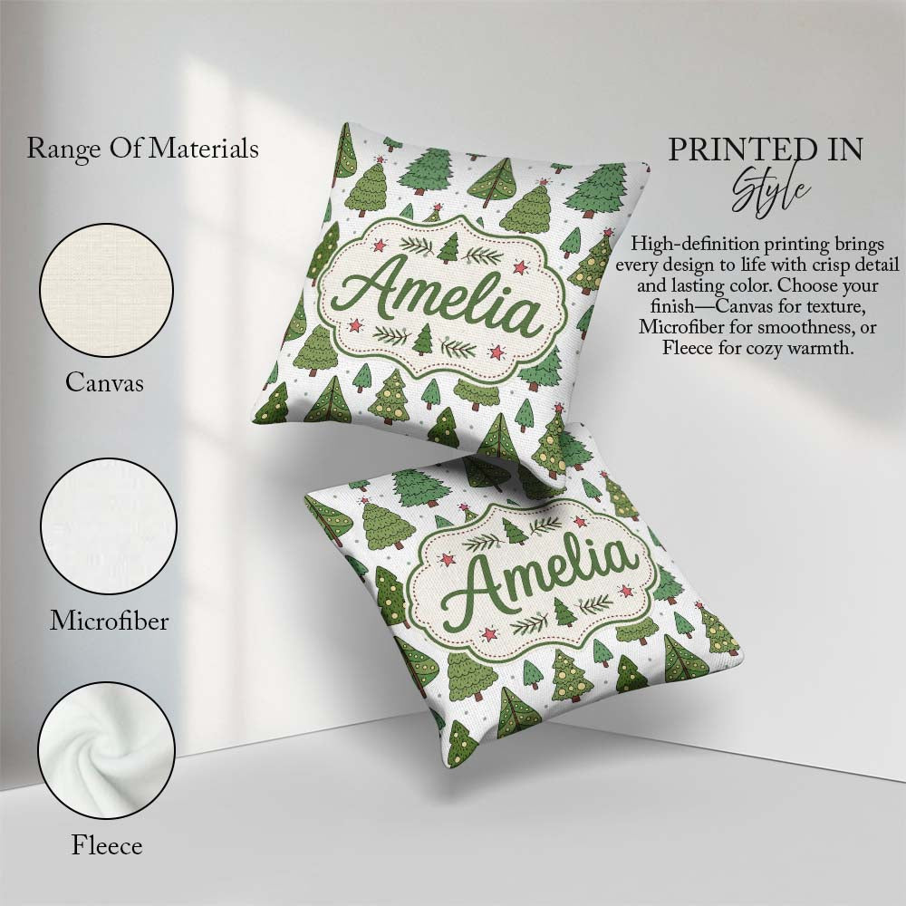 Custom Name Hand Drawn Christmas Trees with Ornaments and Dots Square Filled Cushion Throw Pillow Sofa Bed Home Decor Zip Washable UK Made