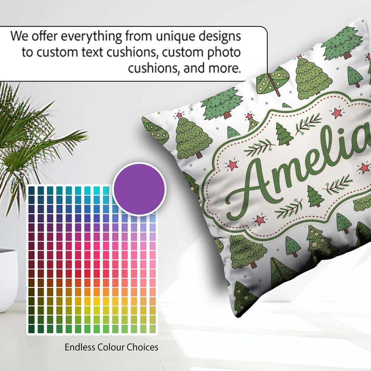 Custom Name Hand Drawn Christmas Trees with Ornaments and Dots Square Filled Cushion Throw Pillow Sofa Bed Home Decor Zip Washable UK Made