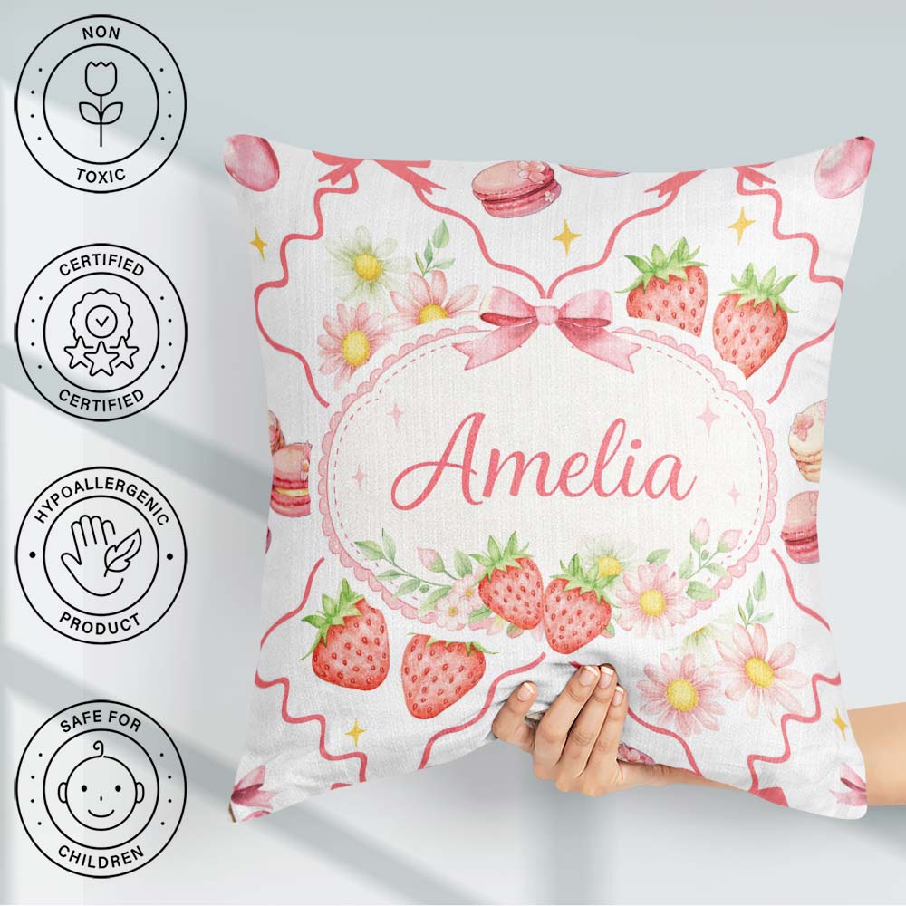 Custom Name Cherry Daisy White Red Outline Cute Coquette Floral Square Filled Cushion Throw Pillow Sofa Bed Home Decor Zip Washable UK Made
