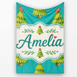 Watercolor Christmas Trees on Teal Background with Red Stars Lovely  Personalised Custom Name Super Soft Fleece Blanket Bed Sofa Throw