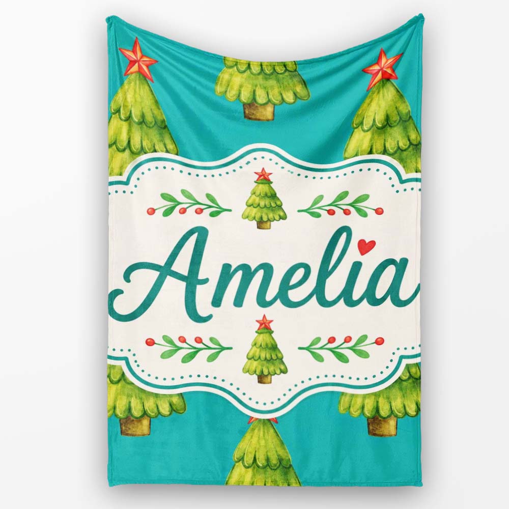 Watercolor Christmas Trees on Teal Background with Red Stars Lovely  Personalised Custom Name Super Soft Fleece Blanket Bed Sofa Throw