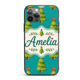 Watercolor Christmas Trees on Teal Background Custom Name Protective Phone Case Mobile Cover Durable Everyday Smartphone Shock Resistant