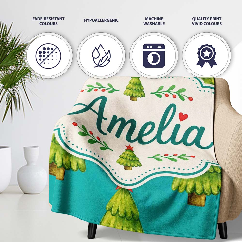 Watercolor Christmas Trees on Teal Background with Red Stars Lovely  Personalised Custom Name Super Soft Fleece Blanket Bed Sofa Throw