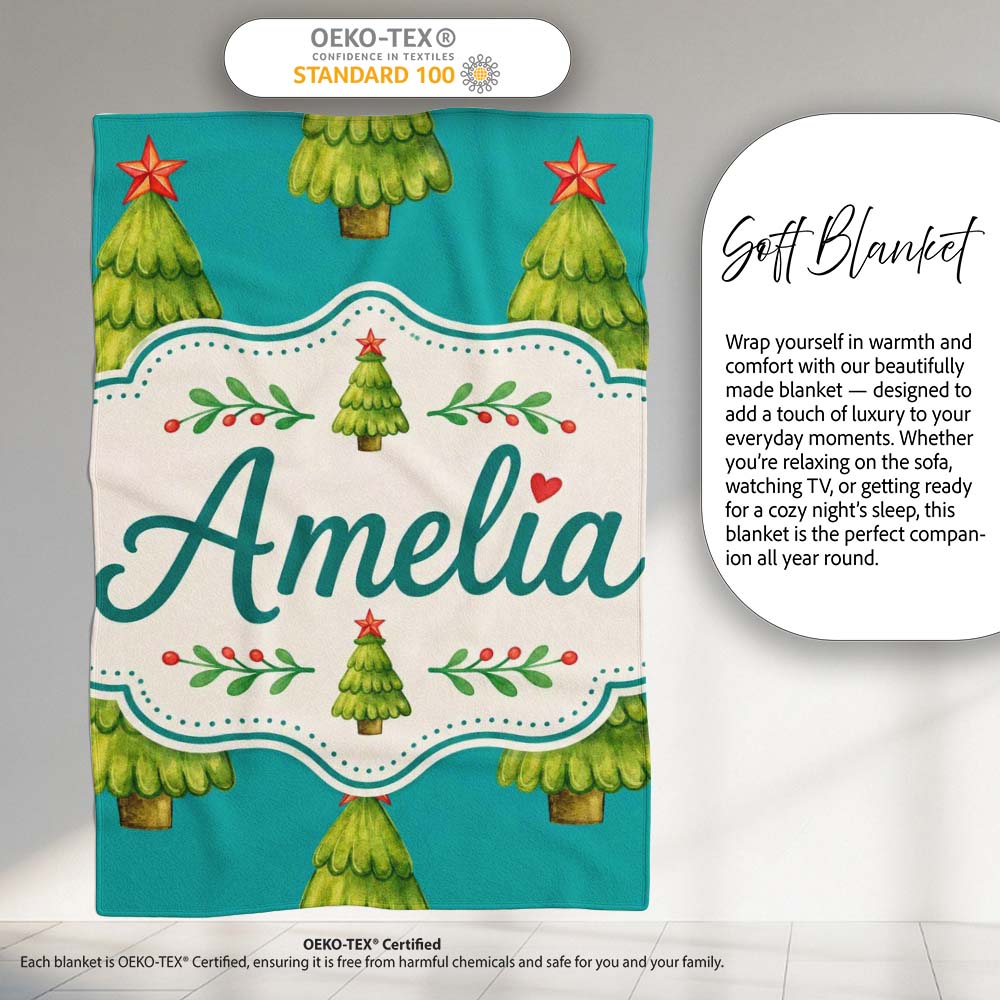 Watercolor Christmas Trees on Teal Background with Red Stars Lovely  Personalised Custom Name Super Soft Fleece Blanket Bed Sofa Throw