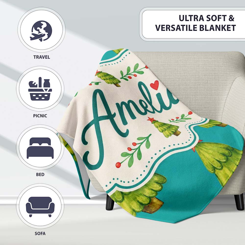 Watercolor Christmas Trees on Teal Background with Red Stars Lovely  Personalised Custom Name Super Soft Fleece Blanket Bed Sofa Throw