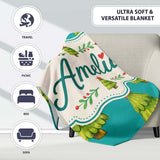 Watercolor Christmas Trees on Teal Background with Red Stars Lovely  Personalised Custom Name Super Soft Fleece Blanket Bed Sofa Throw