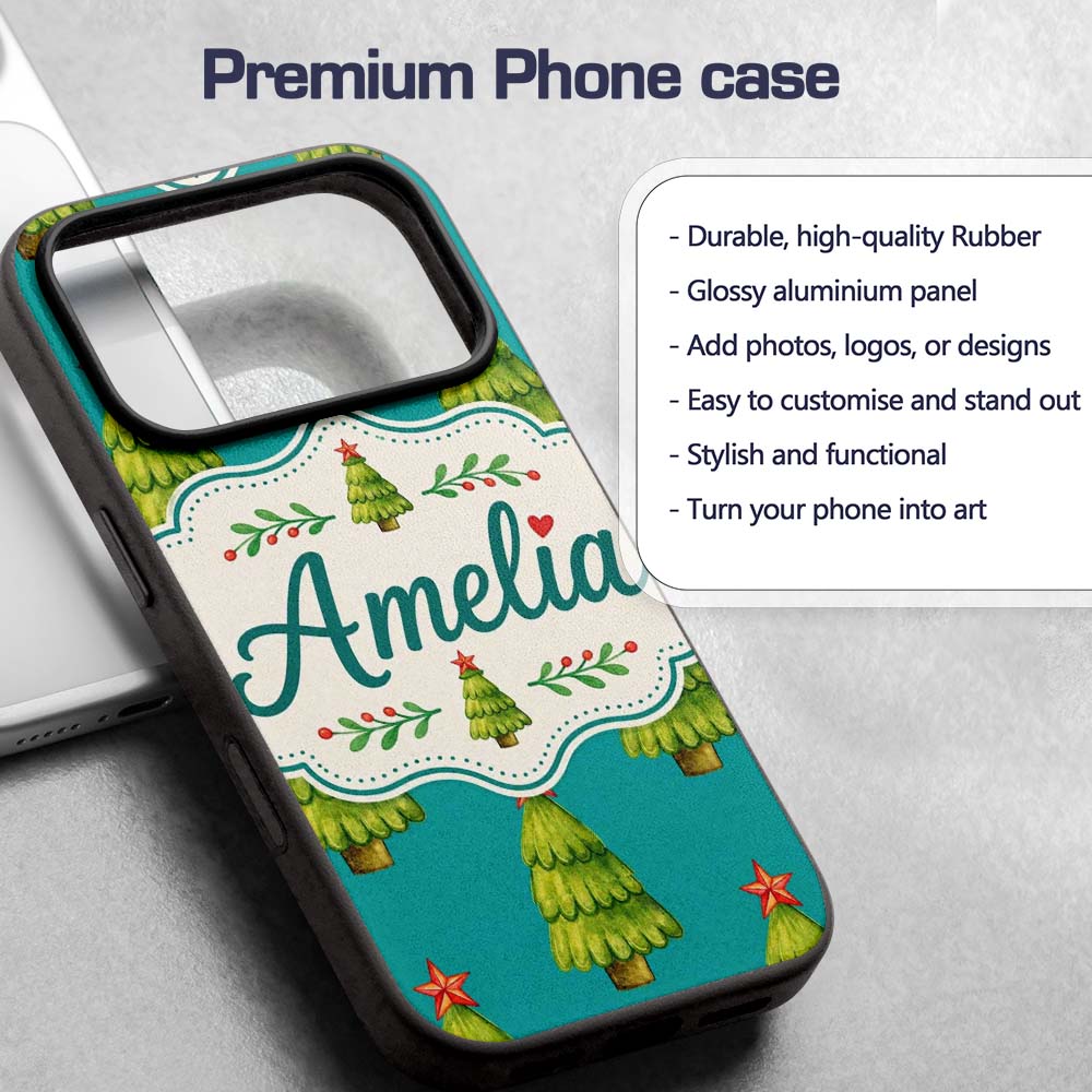 Watercolor Christmas Trees on Teal Background Custom Name Protective Phone Case Mobile Cover Durable Everyday Smartphone Shock Resistant