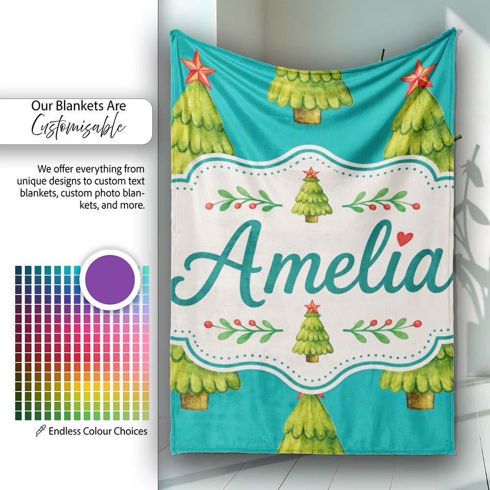 Watercolor Christmas Trees on Teal Background with Red Stars Lovely  Personalised Custom Name Super Soft Fleece Blanket Bed Sofa Throw
