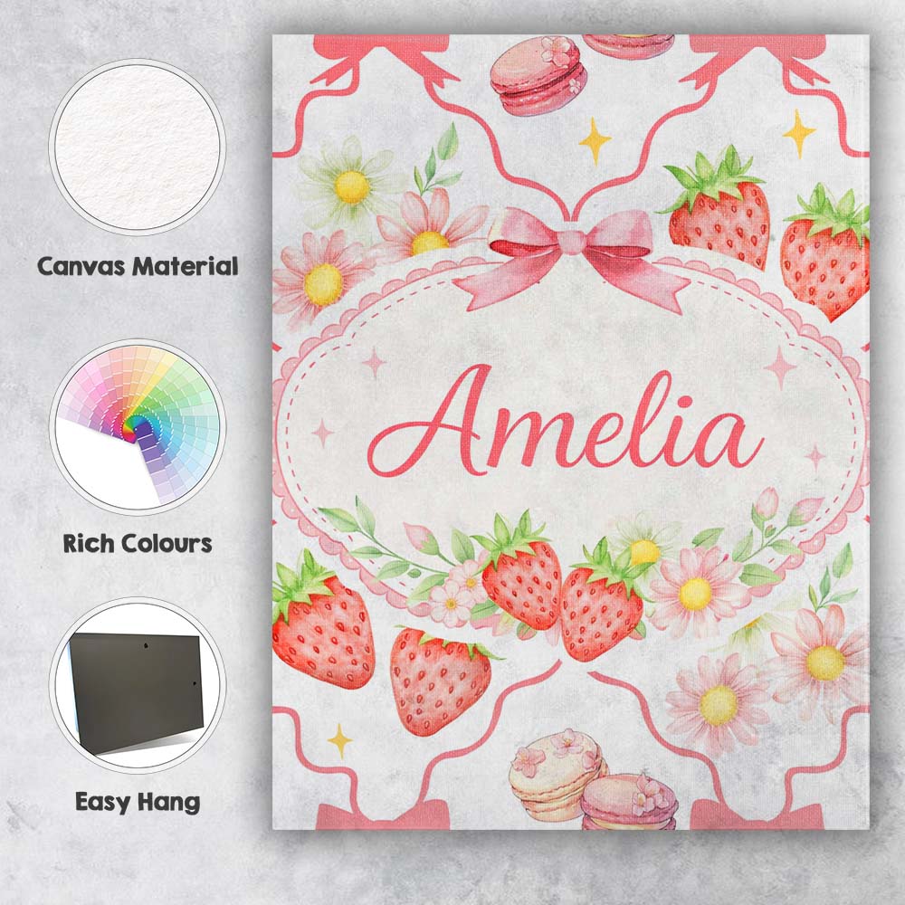 Personalised Name Strawberry Cherry Daisy White Red Outline Cute Custom  Interior Canvas Wall Art Print Decor Picture Ready to Hang