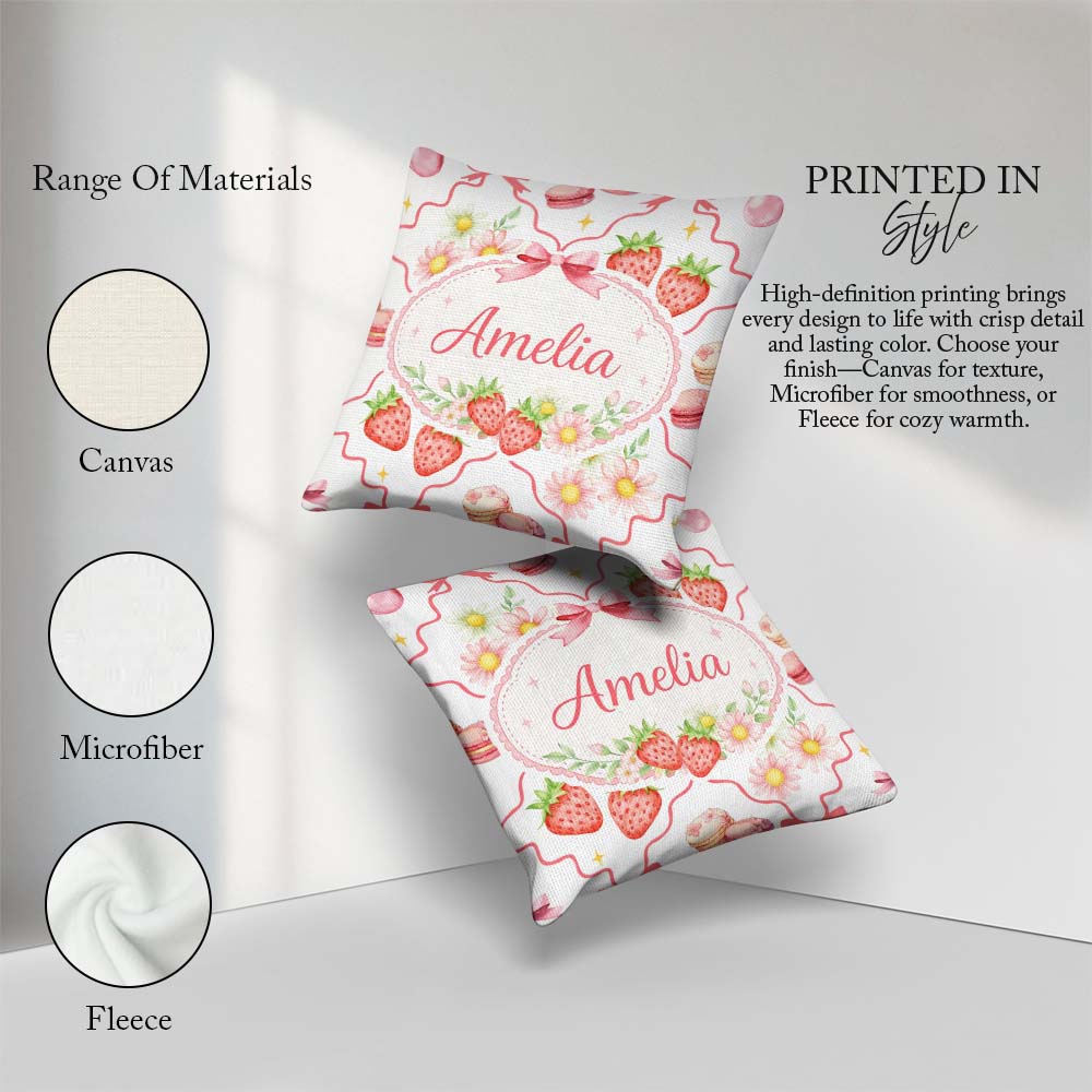 Custom Name Cherry Daisy White Red Outline Cute Coquette Floral Square Filled Cushion Throw Pillow Sofa Bed Home Decor Zip Washable UK Made