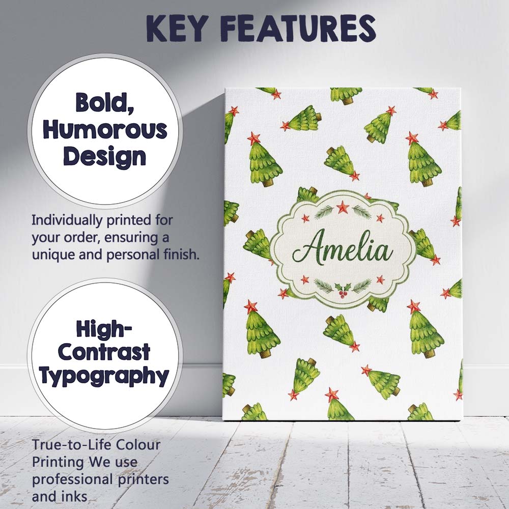 Personalised Name Scattered Christmas Trees Custom  Bespoke Interior Contemporary Canvas Wall Art Print Decor Picture Ready to Hang
