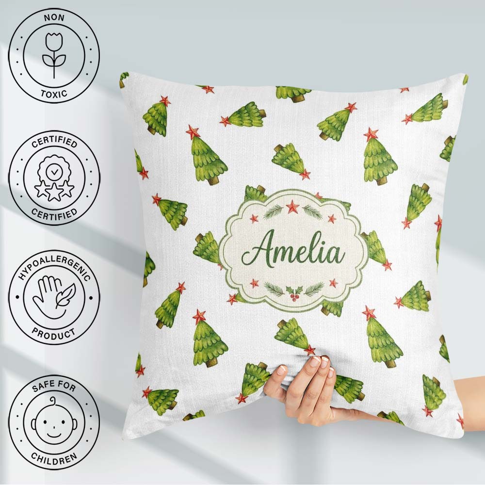 Custom Name Scattered Christmas Trees with Red Star Tops Minimal Square Filled Cushion Throw Pillow Sofa Bed Home Decor Zip Washable UK Made