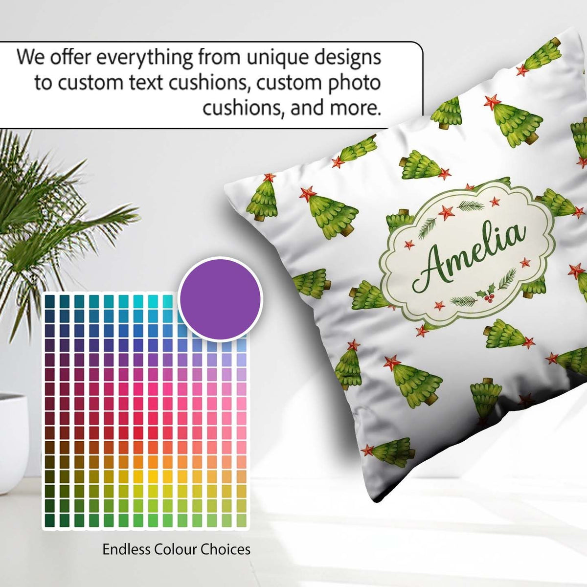 Custom Name Scattered Christmas Trees with Red Star Tops Minimal Square Filled Cushion Throw Pillow Sofa Bed Home Decor Zip Washable UK Made