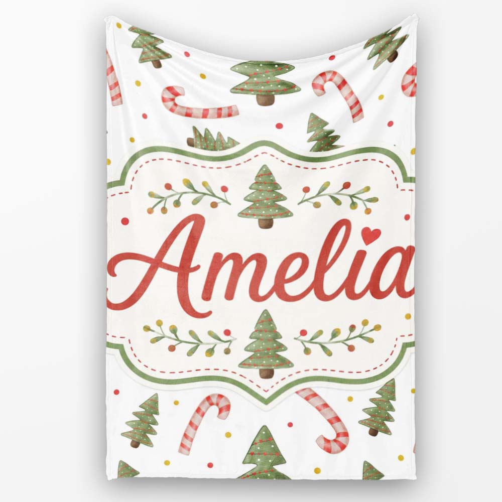 Festive Christmas Trees with Candy Canes and Dots Seamless Pattern  Personalised Custom Name Super Soft Fleece Blanket Bed Sofa Throw