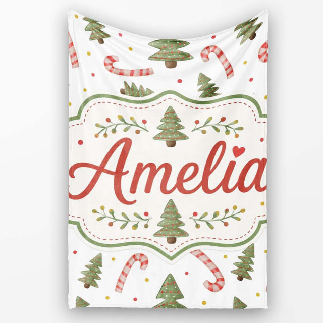 Festive Christmas Trees with Candy Canes and Dots Seamless Pattern  Personalised Custom Name Super Soft Fleece Blanket Bed Sofa Throw