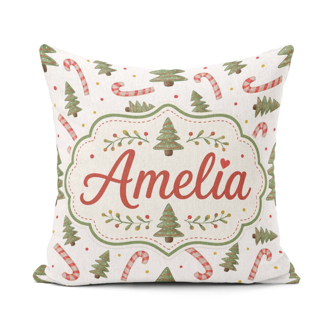 Custom Name Festive Christmas Trees with Candy and Dots Seamless Square Filled Cushion Throw Pillow Sofa Bed Home Decor Zip Washable UK Made