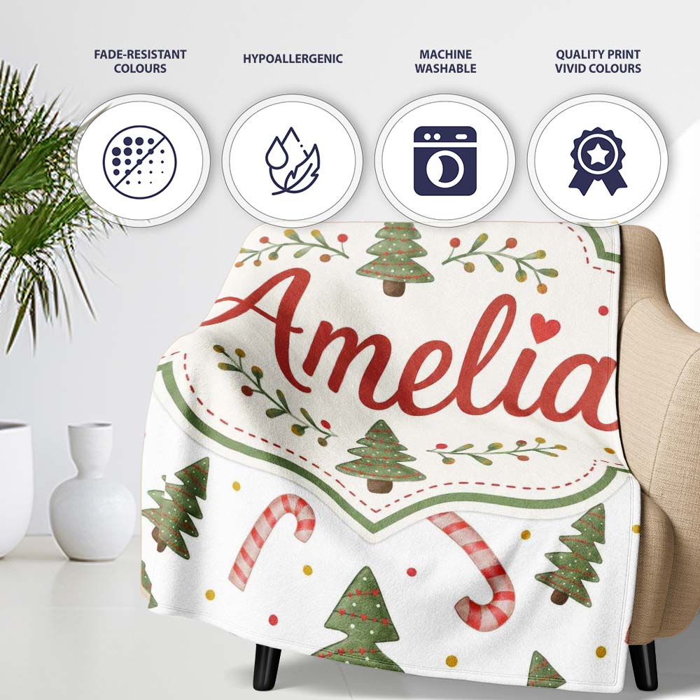 Festive Christmas Trees with Candy Canes and Dots Seamless Pattern  Personalised Custom Name Super Soft Fleece Blanket Bed Sofa Throw