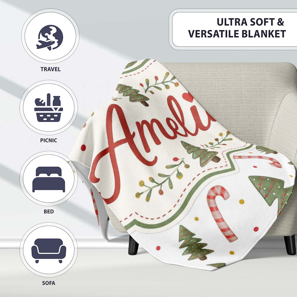 Festive Christmas Trees with Candy Canes and Dots Seamless Pattern  Personalised Custom Name Super Soft Fleece Blanket Bed Sofa Throw