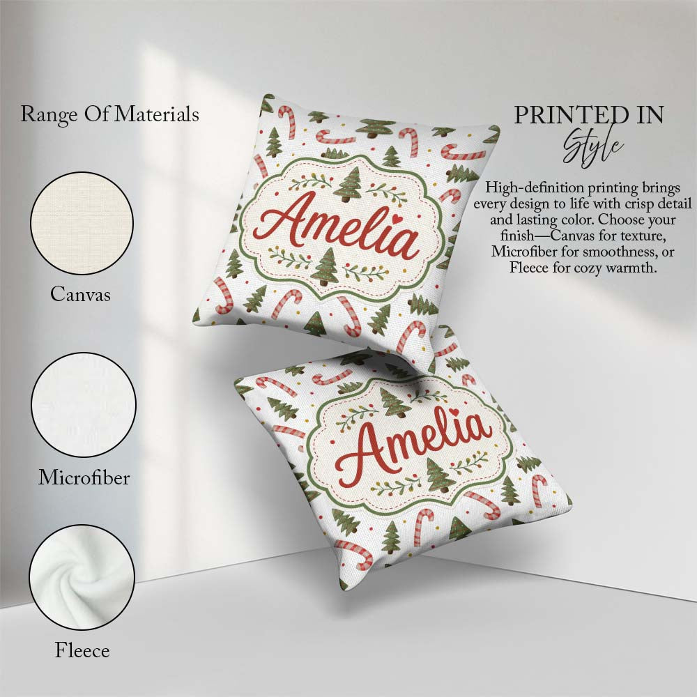 Custom Name Festive Christmas Trees with Candy and Dots Seamless Square Filled Cushion Throw Pillow Sofa Bed Home Decor Zip Washable UK Made