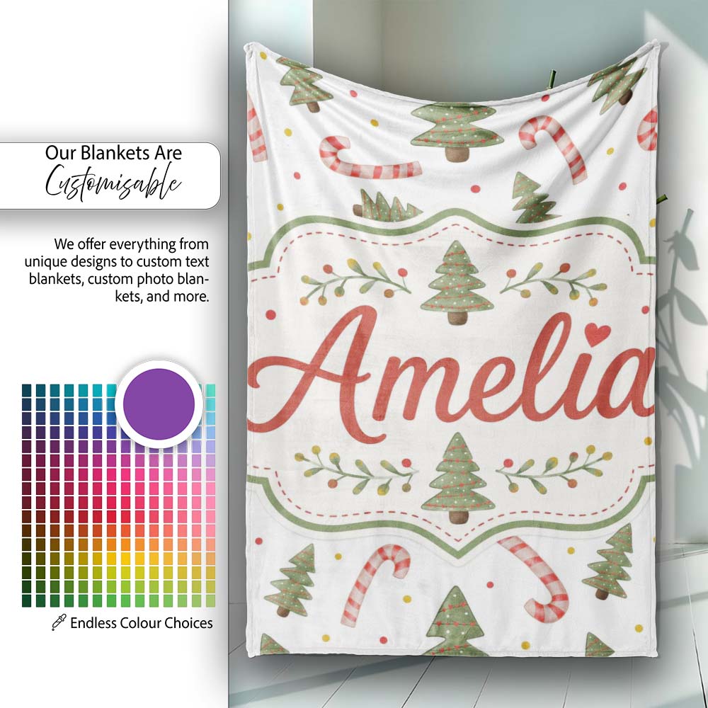 Festive Christmas Trees with Candy Canes and Dots Seamless Pattern  Personalised Custom Name Super Soft Fleece Blanket Bed Sofa Throw