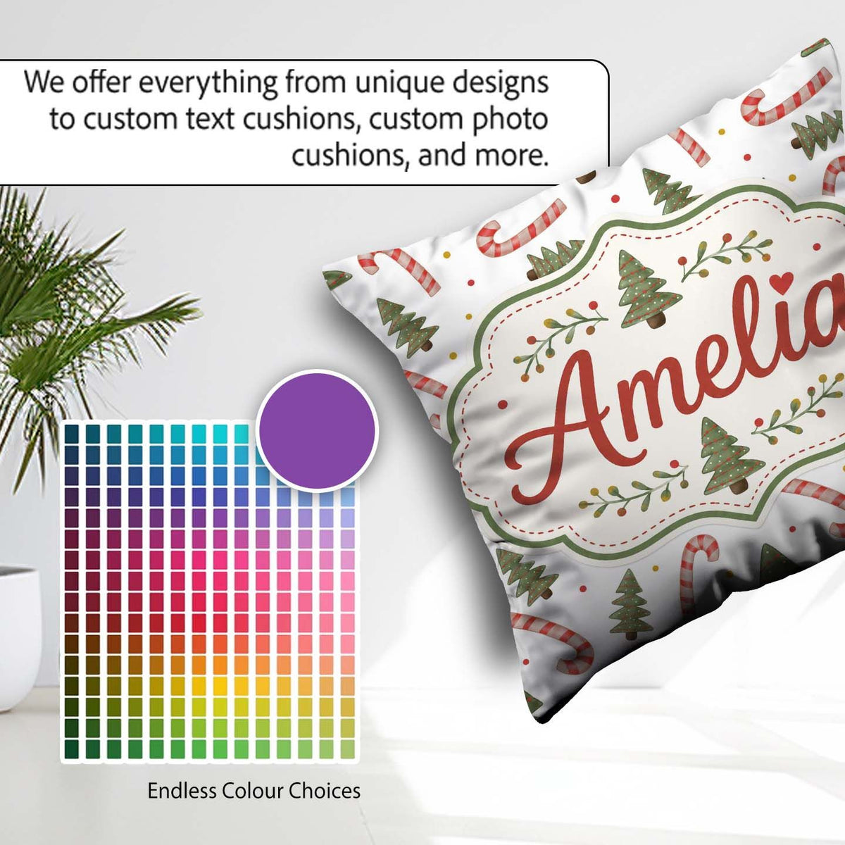 Custom Name Festive Christmas Trees with Candy and Dots Seamless Square Filled Cushion Throw Pillow Sofa Bed Home Decor Zip Washable UK Made