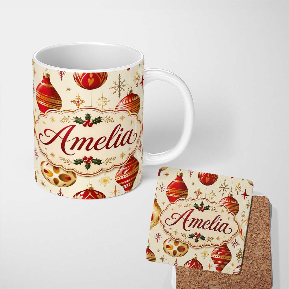 Personalized Custom Name Elegant Red Gold Christmas Baubles Snowflakes Festive Holiday Design 11oz Ceramic Coffee Tea Mug White Large Handle