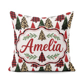 Custom Name Trendy Christmas Trees in Plaid and Leopard Seamless Square Filled Cushion Throw Pillow Sofa Bed Home Decor Zip Washable UK Made
