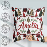 Custom Name Trendy Christmas Trees in Plaid and Leopard Seamless Square Filled Cushion Throw Pillow Sofa Bed Home Decor Zip Washable UK Made