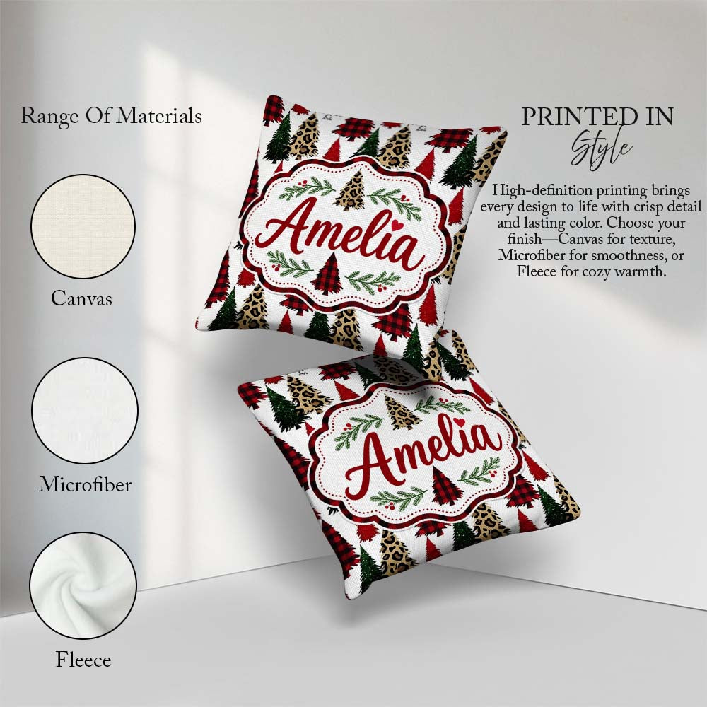 Custom Name Trendy Christmas Trees in Plaid and Leopard Seamless Square Filled Cushion Throw Pillow Sofa Bed Home Decor Zip Washable UK Made