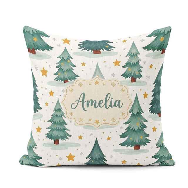 Custom Name Winter Snowy Christmas Trees Golden Seamless Pattern Square Filled Cushion Throw Pillow Sofa Bed Home Decor Zip Washable UK Made