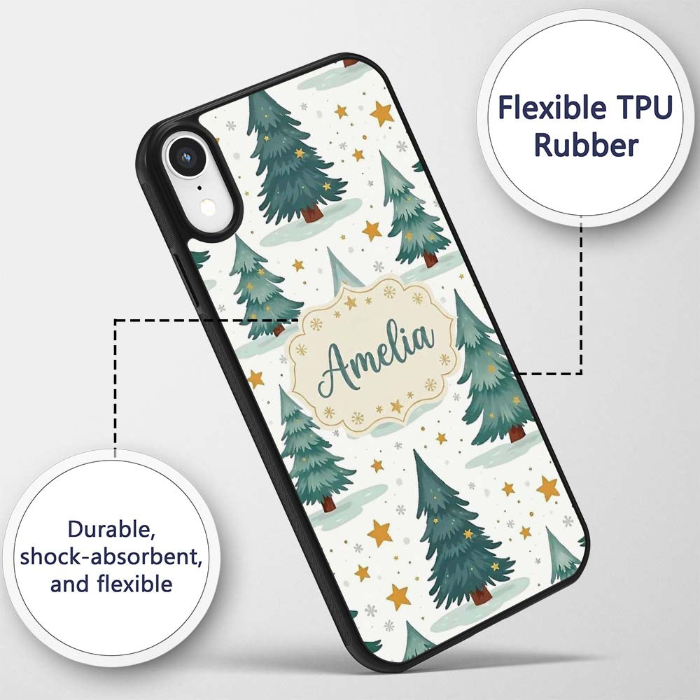 Winter Snowy Christmas Trees with Golden Stars Custom Name Protective Phone Case Mobile Cover Durable Everyday Smartphone Shock Resistant