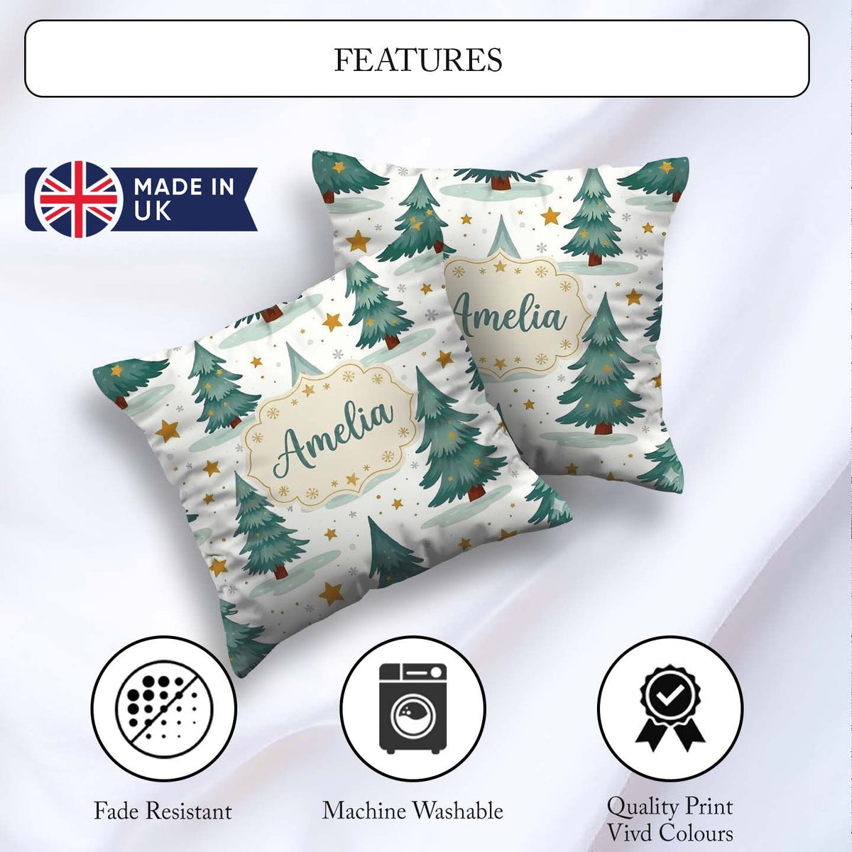 Custom Name Winter Snowy Christmas Trees Golden Seamless Pattern Square Filled Cushion Throw Pillow Sofa Bed Home Decor Zip Washable UK Made