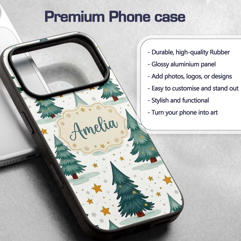 Winter Snowy Christmas Trees with Golden Stars Custom Name Protective Phone Case Mobile Cover Durable Everyday Smartphone Shock Resistant