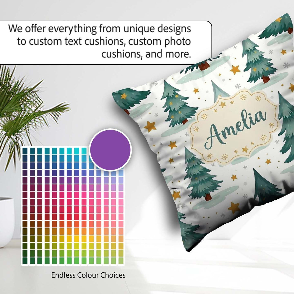 Custom Name Winter Snowy Christmas Trees Golden Seamless Pattern Square Filled Cushion Throw Pillow Sofa Bed Home Decor Zip Washable UK Made