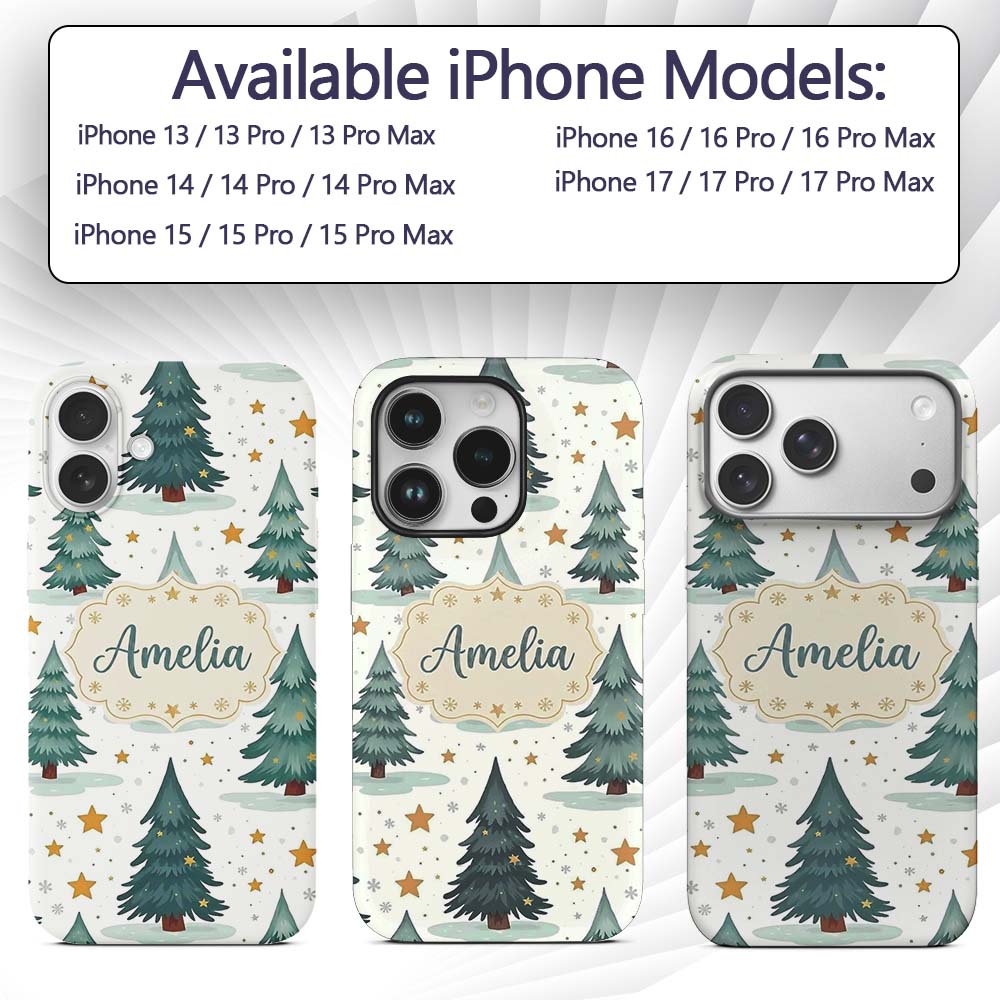 Winter Snowy Christmas Trees with Golden Stars Custom Name Protective Phone Case Mobile Cover Durable Everyday Smartphone Shock Resistant