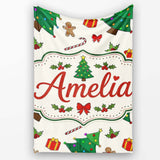 Cute Christmas Trees with Gifts Candy Canes and Gingerbread Seamless  Personalised Custom Name Super Soft Fleece Blanket Bed Sofa Throw