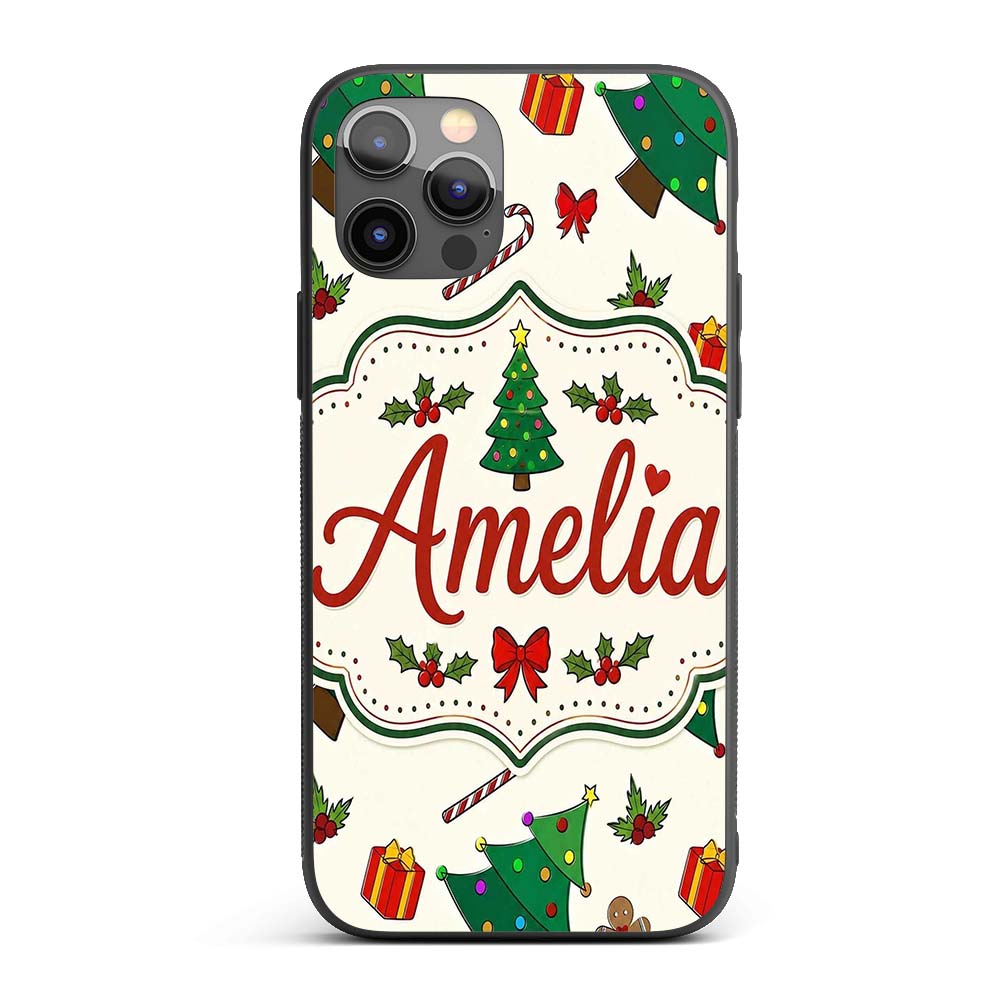Cute Christmas Trees with Gifts Candy Canes and Custom Name Protective Phone Case Mobile Cover Durable Everyday Smartphone Shock Resistant