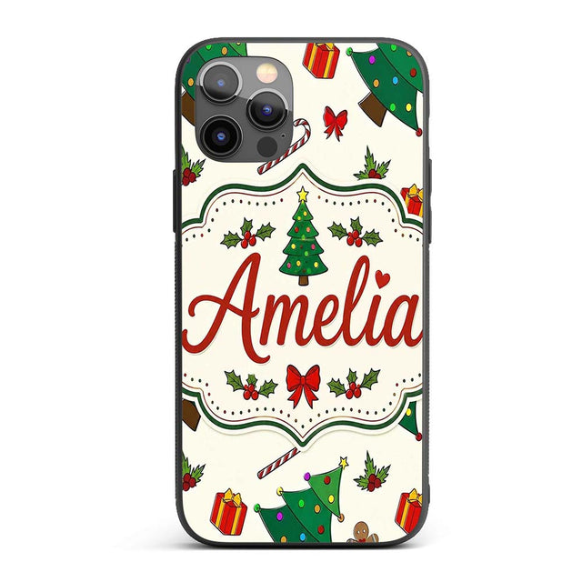 Cute Christmas Trees with Gifts Candy Canes and Custom Name Protective Phone Case Mobile Cover Durable Everyday Smartphone Shock Resistant