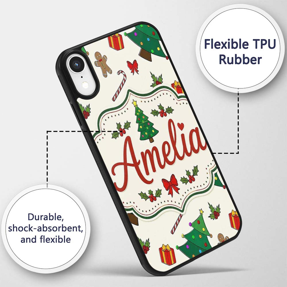 Cute Christmas Trees with Gifts Candy Canes and Custom Name Protective Phone Case Mobile Cover Durable Everyday Smartphone Shock Resistant