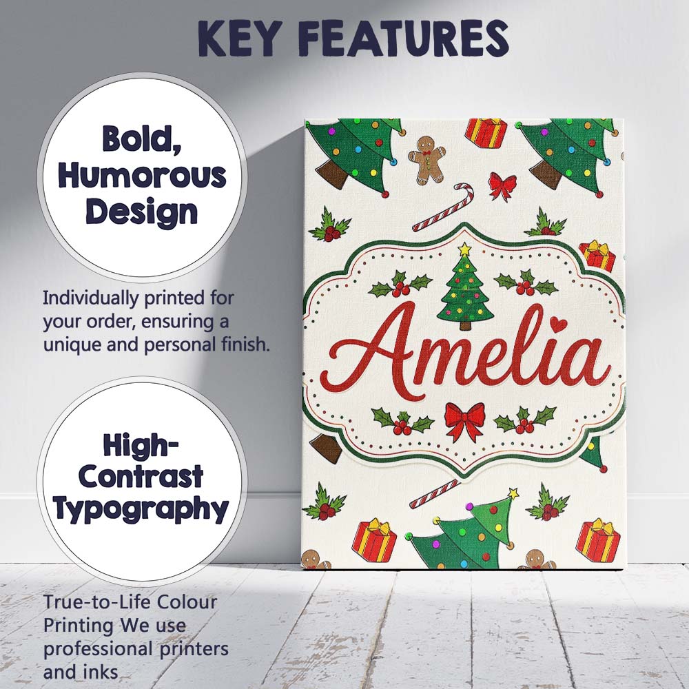 Personalised Name Cute Christmas Trees with Custom  Bespoke Interior Contemporary Canvas Wall Art Print Decor Picture Ready to Hang