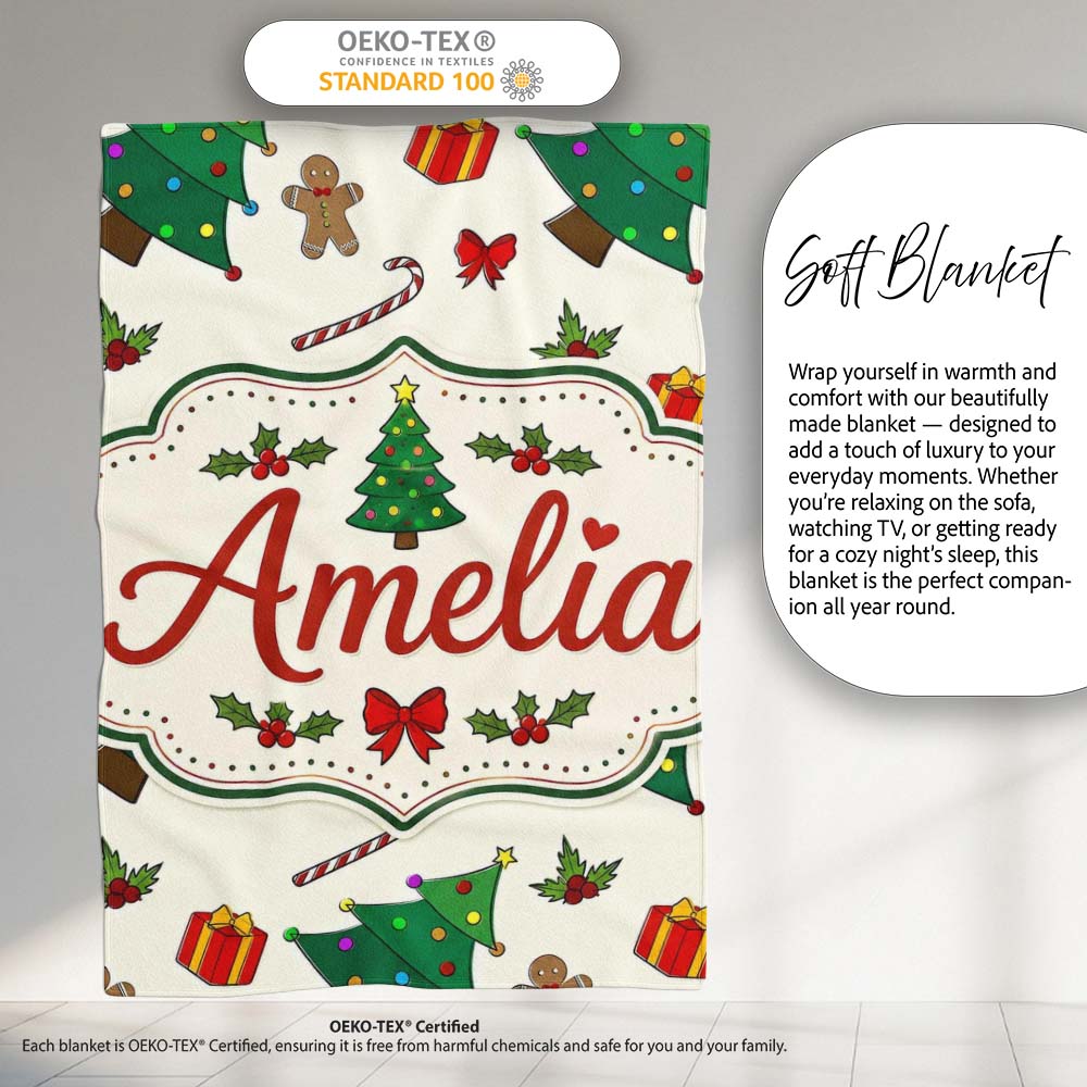 Cute Christmas Trees with Gifts Candy Canes and Gingerbread Seamless  Personalised Custom Name Super Soft Fleece Blanket Bed Sofa Throw